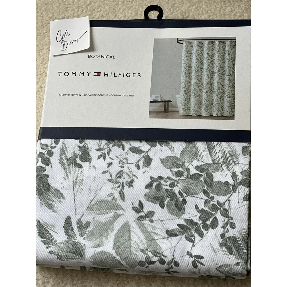 Tommy Hilfiger Botanical Cotton Blend Shower Curtain Green Flowers Leaves White